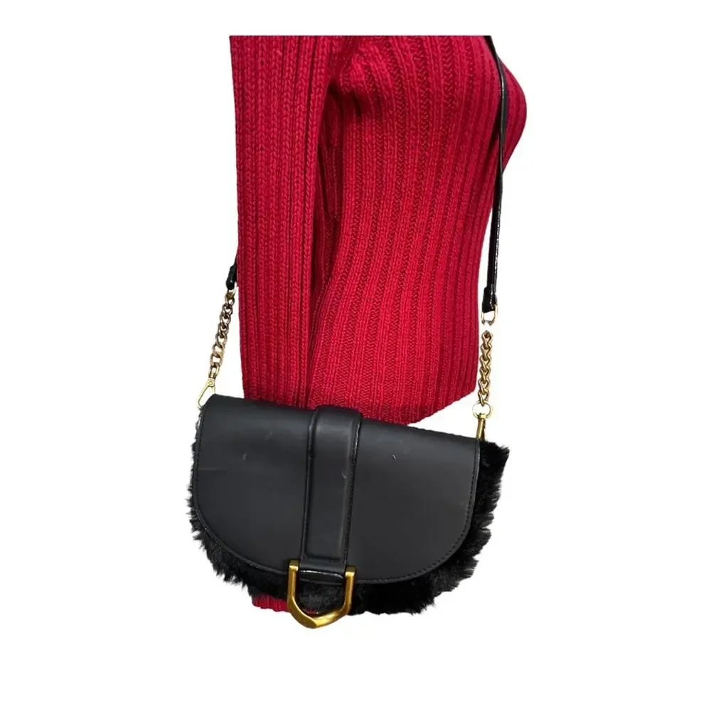 SCOOP BLACK FAUX FUR CROSSBODY GOLD TONE HARDWARE